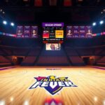 Flick International Empty basketball court of the Indiana Fever illuminated with vibrant lights and anticipation.