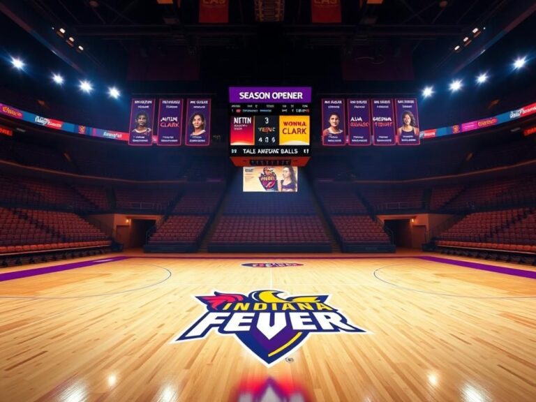 Flick International Empty basketball court of the Indiana Fever illuminated with vibrant lights and anticipation.