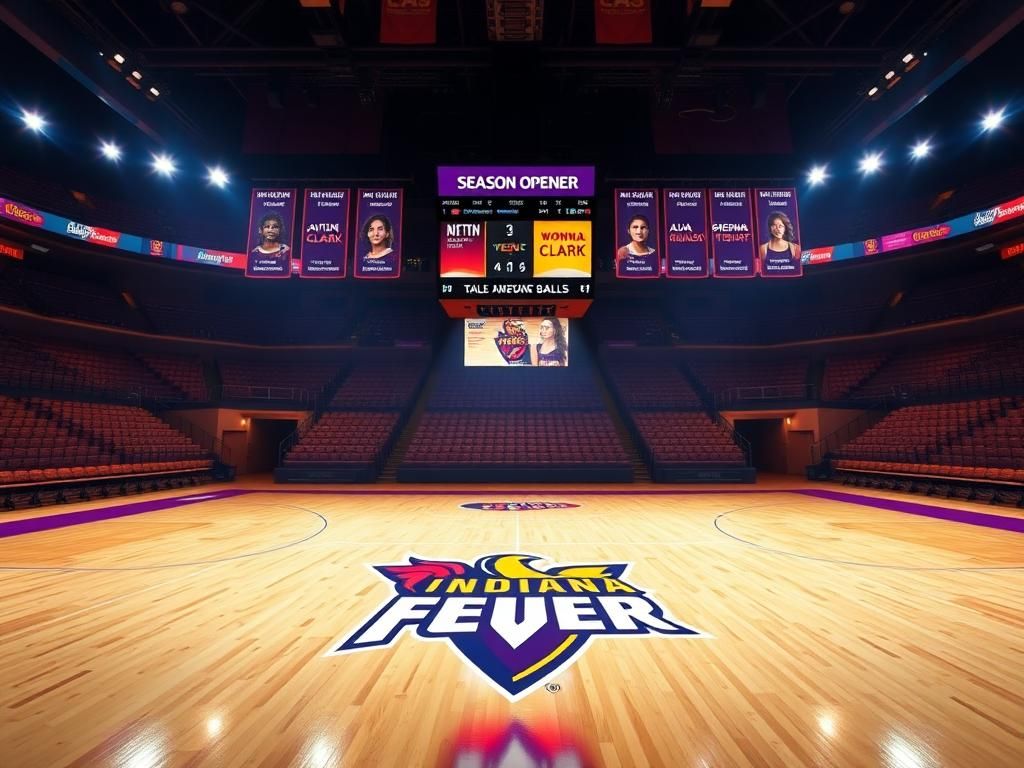 Flick International Empty basketball court of the Indiana Fever illuminated with vibrant lights and anticipation.