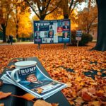 Flick International Vibrant college campus scene with colorful autumn leaves and political flyers