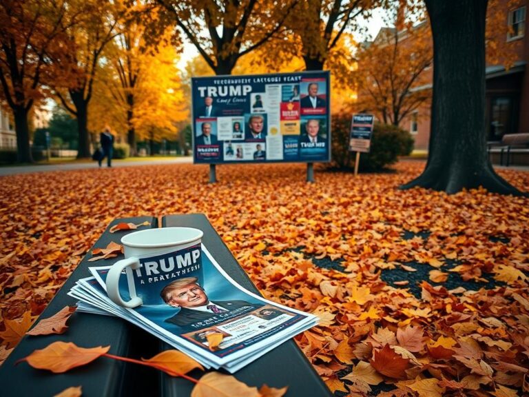 Flick International Vibrant college campus scene with colorful autumn leaves and political flyers