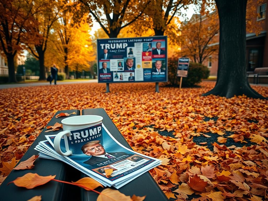 Flick International Vibrant college campus scene with colorful autumn leaves and political flyers