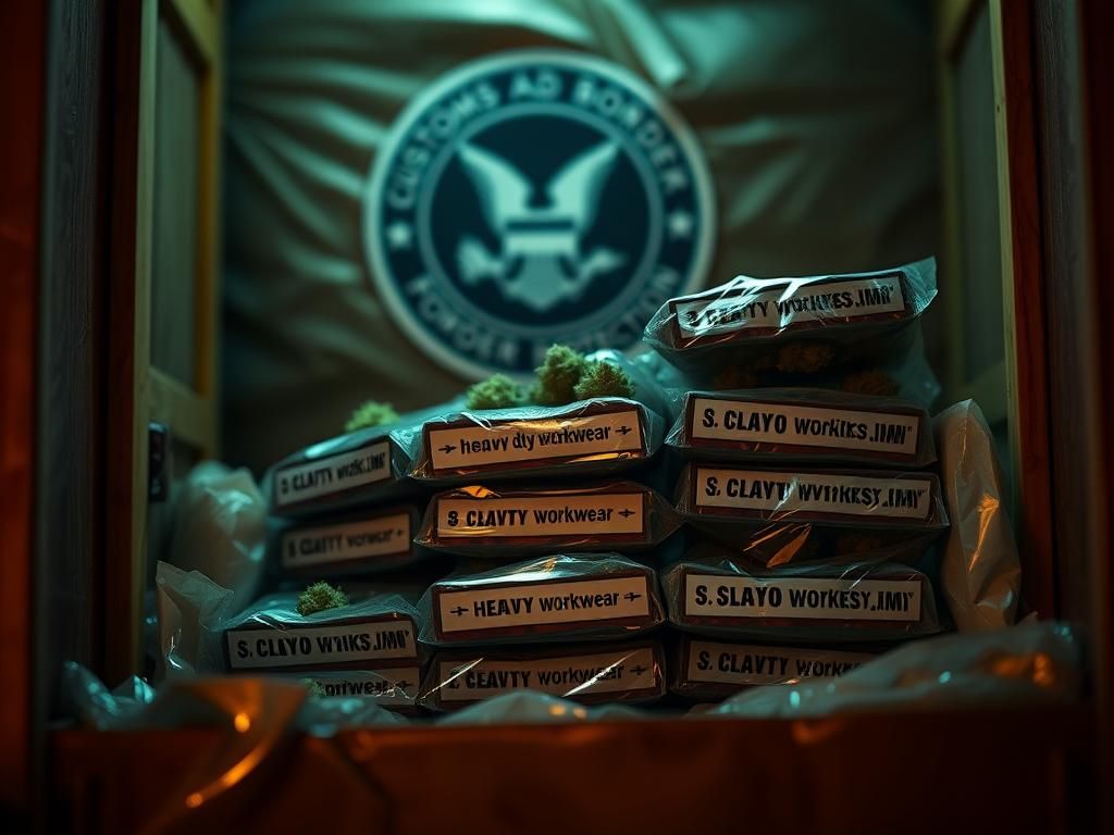 Flick International Close-up view of a crate containing marijuana disguised as men's overalls