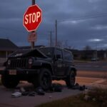 Flick International A damaged Jeep and scattered personal items at a crash scene in Aurora, Colorado.