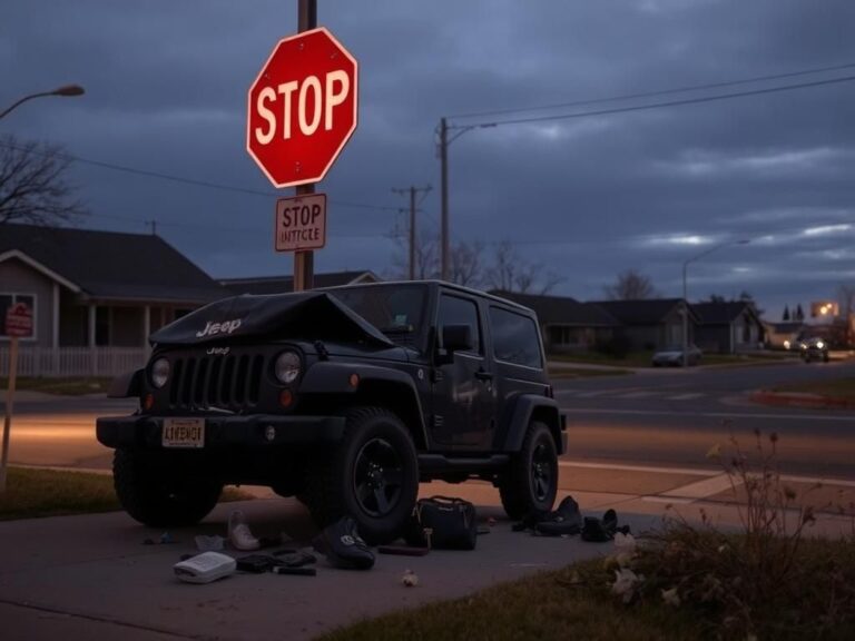 Flick International A damaged Jeep and scattered personal items at a crash scene in Aurora, Colorado.