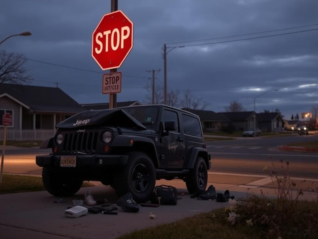 Flick International A damaged Jeep and scattered personal items at a crash scene in Aurora, Colorado.