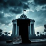 Flick International Empty podium with a microphone in front of a governmental building under dark clouds