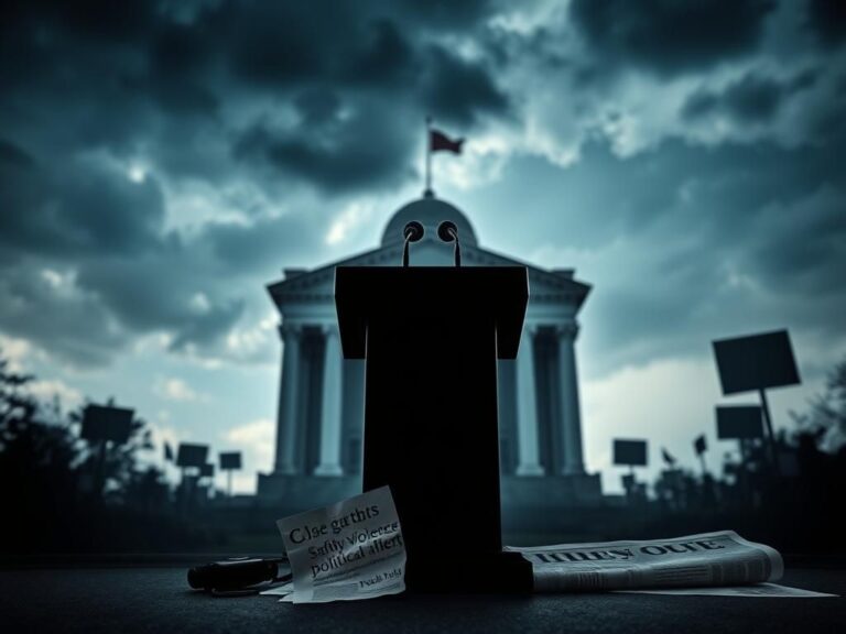 Flick International Empty podium with a microphone in front of a governmental building under dark clouds