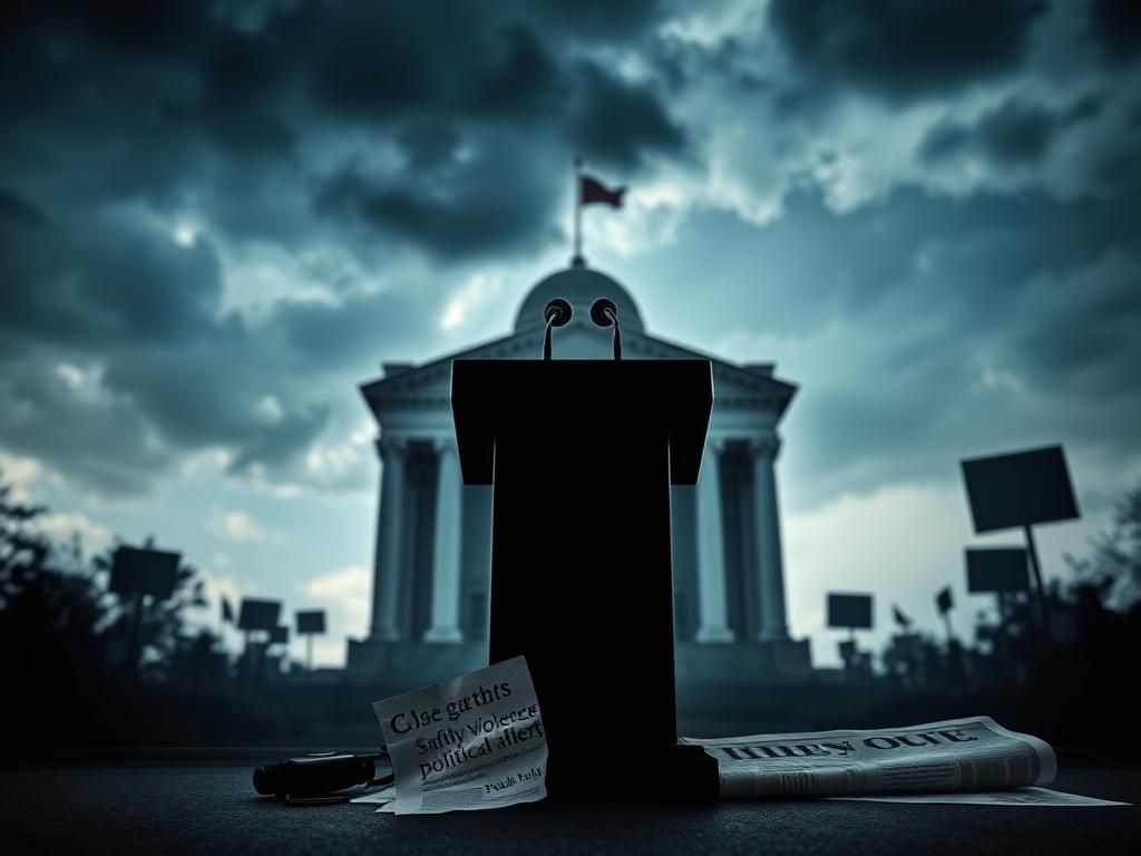Flick International Empty podium with a microphone in front of a governmental building under dark clouds