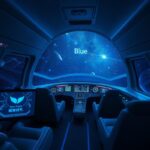 Flick International A luxurious spacecraft illustrated in a starry night sky with Blue Origin branding
