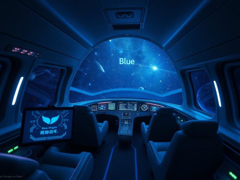 Flick International A luxurious spacecraft illustrated in a starry night sky with Blue Origin branding