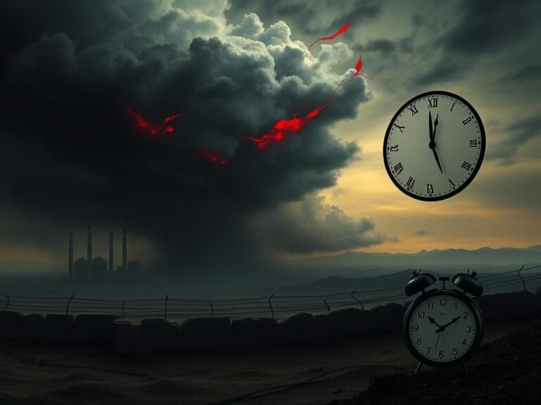 Flick International Dark, abstract representation of a nuclear facility surrounded by crumbling walls and barbed wire