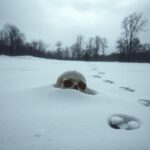Flick International cracked skull partially covered in snow in a winter landscape