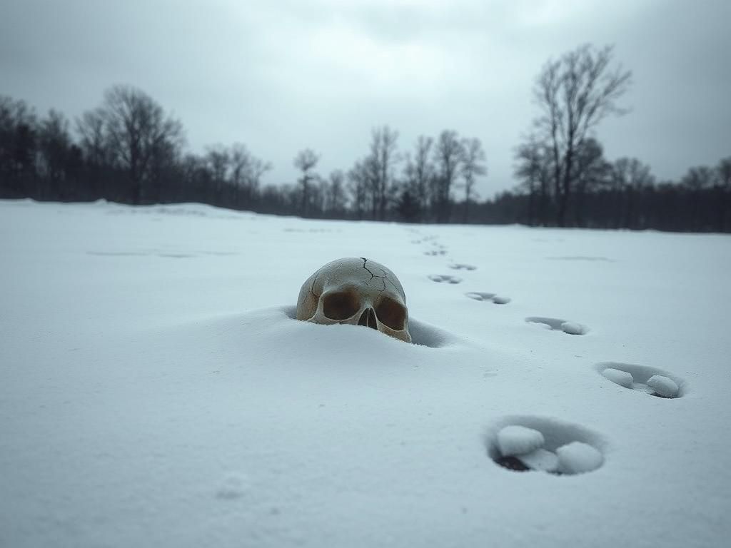 Flick International cracked skull partially covered in snow in a winter landscape