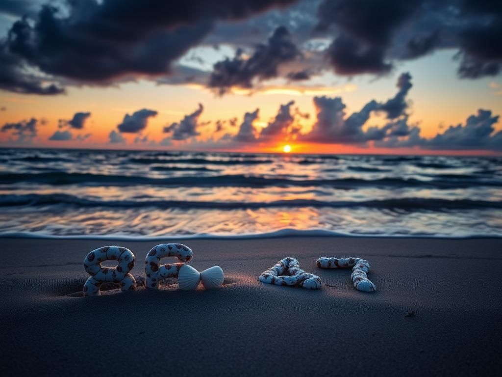 Flick International Beach scene at sunset featuring seashells arranged as '86 47'