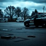 Flick International Police parking lot scene depicting a struggle with a patrol car and discarded equipment