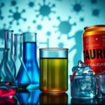 Flick International Artistic depiction of a laboratory with vibrant liquids representing taurine and shadowy leukemia cells.