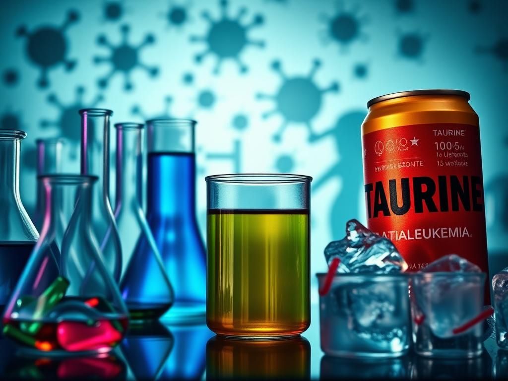 Flick International Artistic depiction of a laboratory with vibrant liquids representing taurine and shadowy leukemia cells.