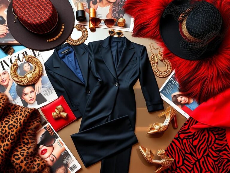 Flick International A vibrant flat lay showcasing luxurious 1980s-inspired fashion elements including a power suit and faux fur coat