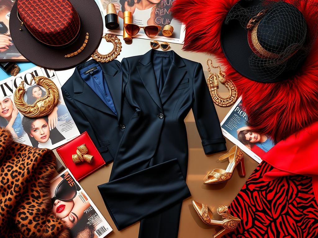 Flick International A vibrant flat lay showcasing luxurious 1980s-inspired fashion elements including a power suit and faux fur coat