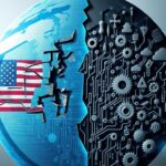 Flick International Abstract representation of a fractured digital landscape showing tensions between the U.S. and Europe