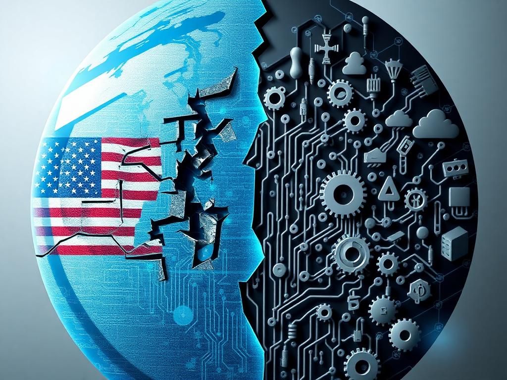 Flick International Abstract representation of a fractured digital landscape showing tensions between the U.S. and Europe