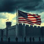 Flick International A weathered American flag flapping against a stormy sky next to a fortified structure symbolizing national defense.