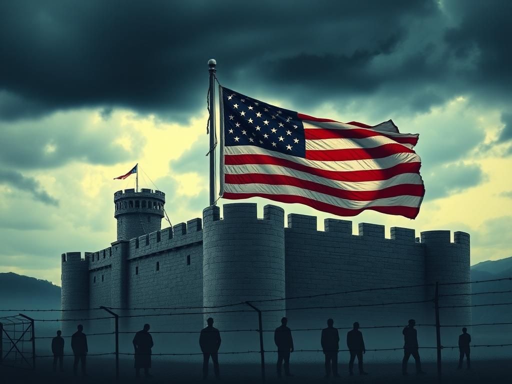 Flick International A weathered American flag flapping against a stormy sky next to a fortified structure symbolizing national defense.