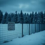Flick International Dense steel border fence at the US-Canada border amidst snow-covered pine trees