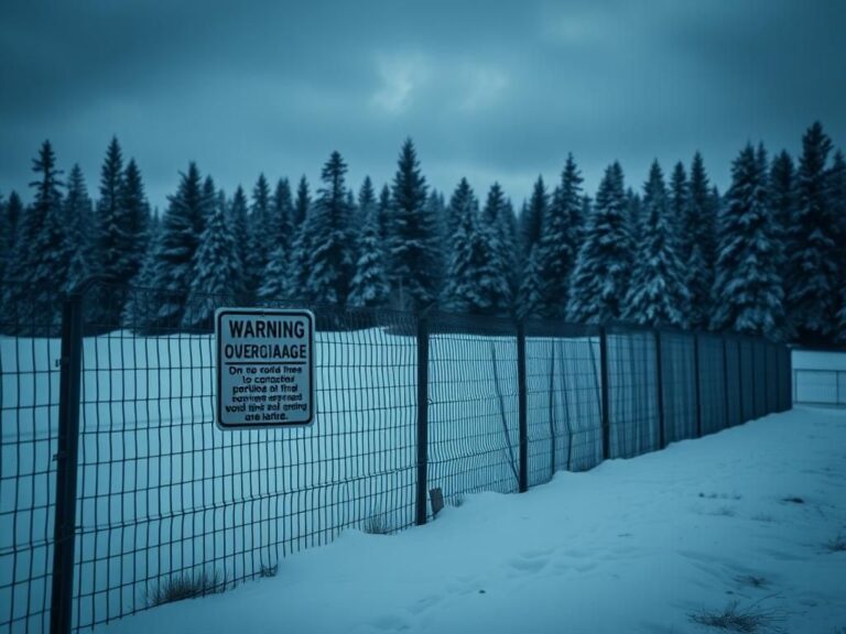 Flick International Dense steel border fence at the US-Canada border amidst snow-covered pine trees