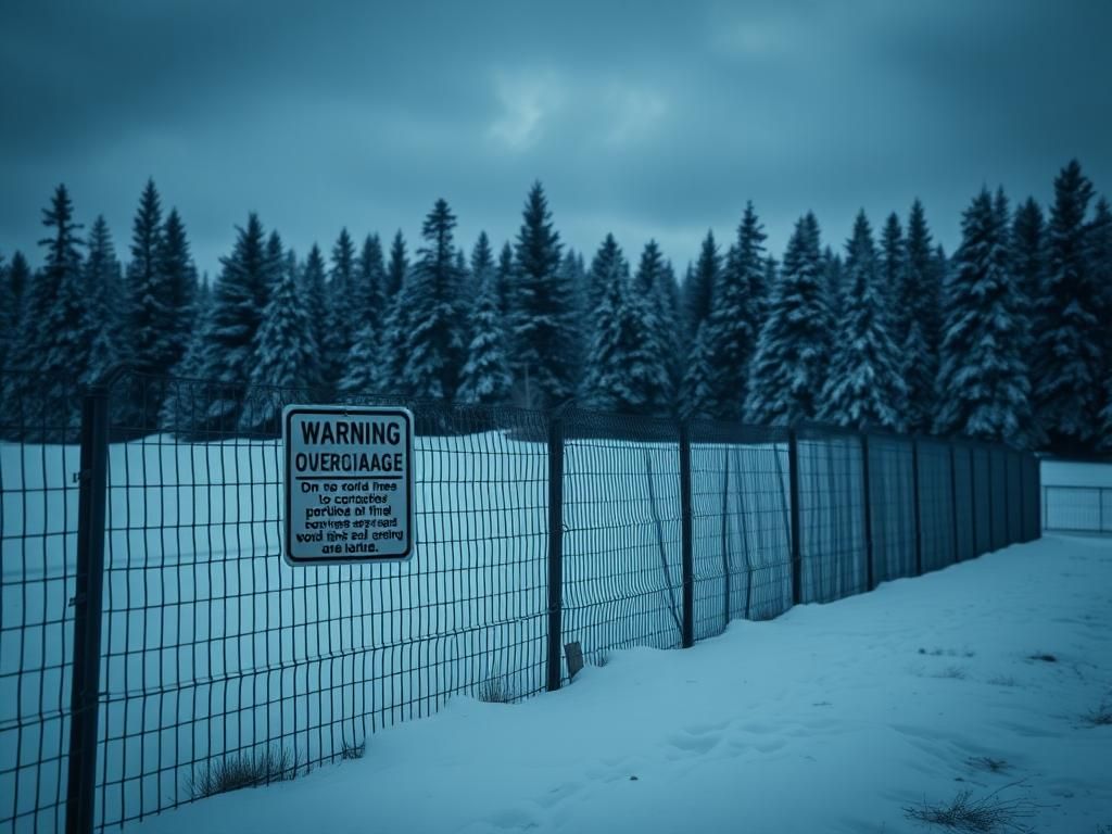 Flick International Dense steel border fence at the US-Canada border amidst snow-covered pine trees