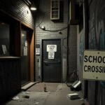 Flick International Dimly lit alleyway with a closed bodega and a school crossing sign, representing community concerns about local crime.
