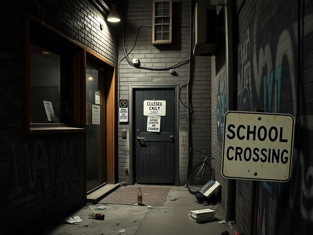 Flick International Dimly lit alleyway with a closed bodega and a school crossing sign, representing community concerns about local crime.