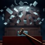 Flick International Dramatic courtroom scene with a judge's bench and gavel