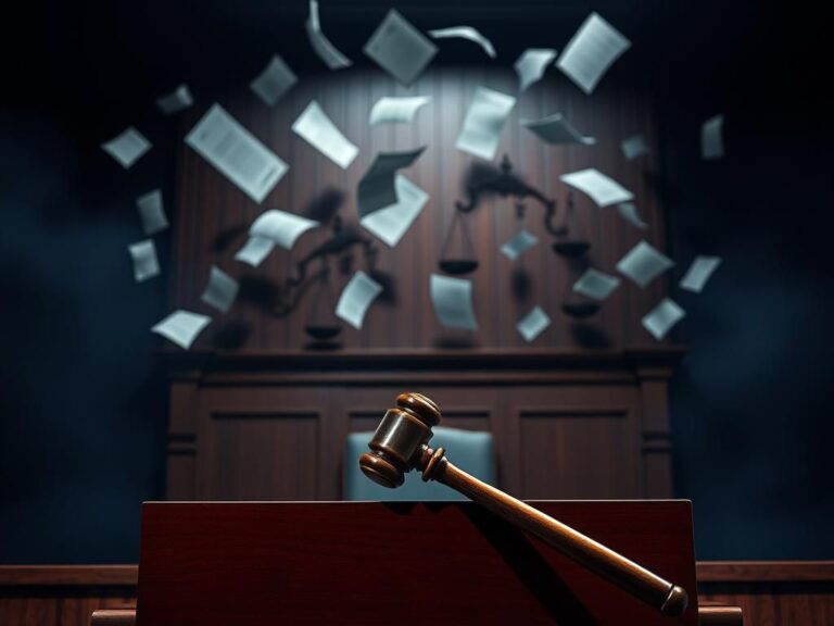 Flick International Dramatic courtroom scene with a judge's bench and gavel