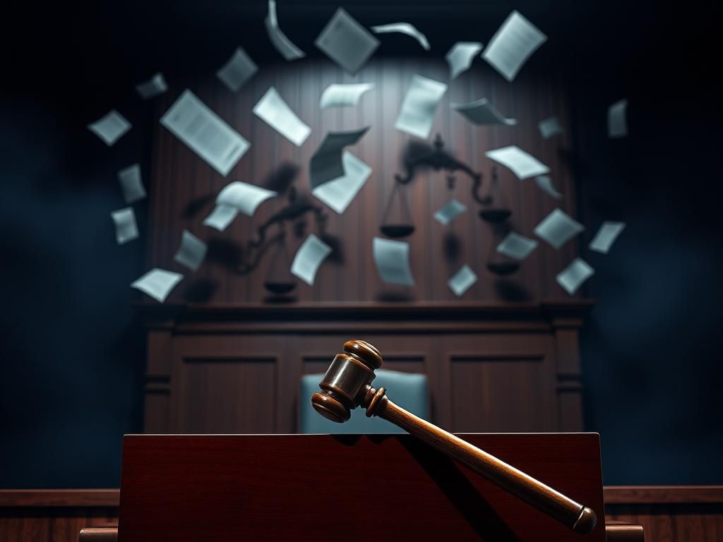 Flick International Dramatic courtroom scene with a judge's bench and gavel