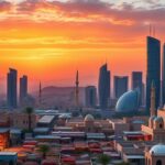 Flick International Panoramic view of a Middle Eastern city skyline at sunset with modern and traditional architecture