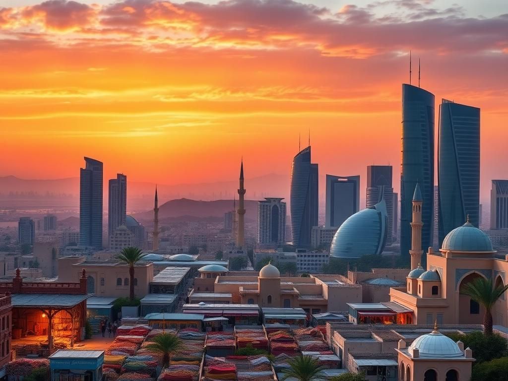 Flick International Panoramic view of a Middle Eastern city skyline at sunset with modern and traditional architecture
