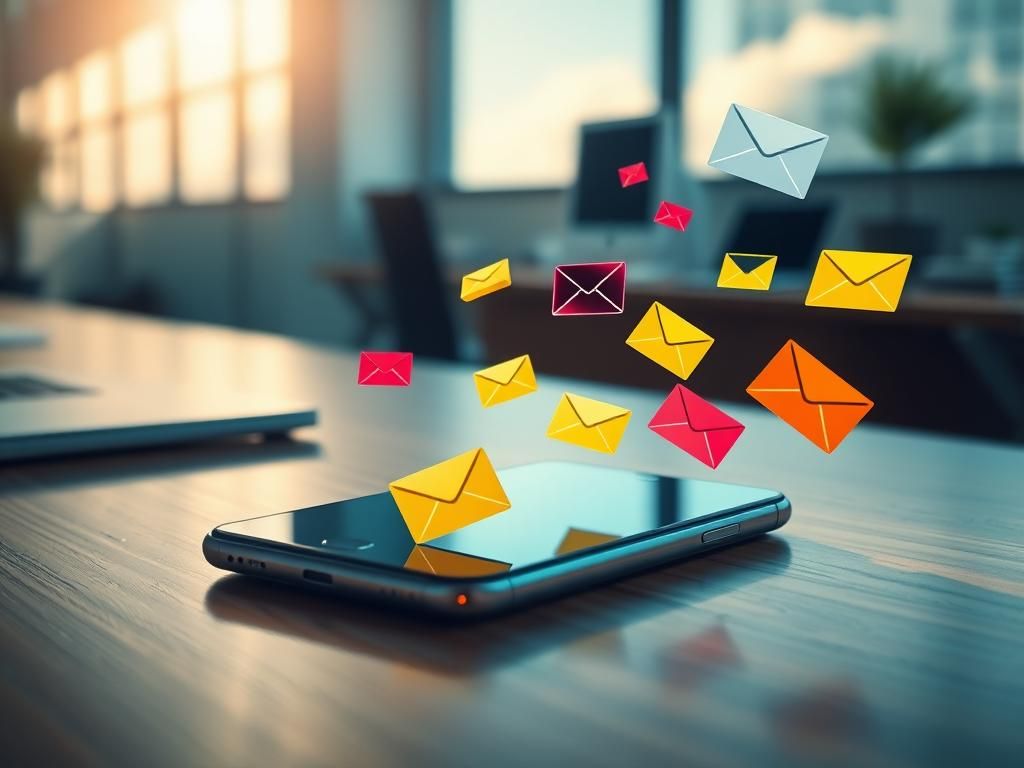 Flick International Smartphone on a wooden desk surrounded by floating digital email icons representing disappearing emails