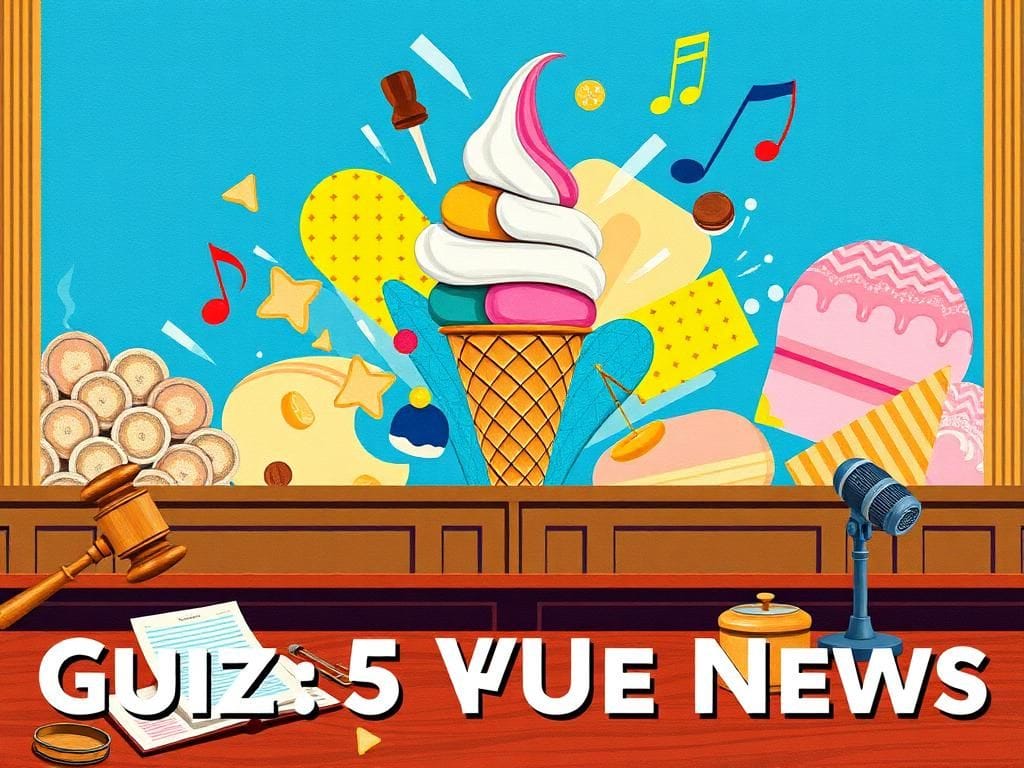 Flick International A vibrant courtroom scene with a gavel, legal papers, and a whimsical ice cream cone