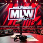 Flick International Dynamic wrestling commentary booth with high-tech microphone setup and vibrant MLW logo backdrop