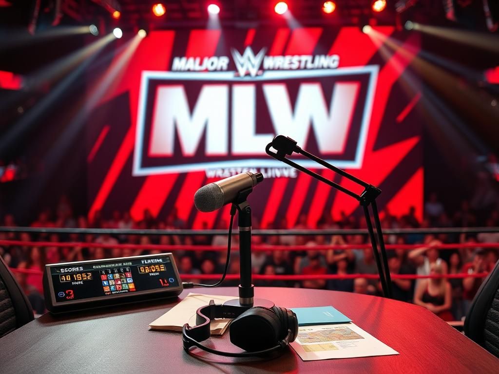Flick International Dynamic wrestling commentary booth with high-tech microphone setup and vibrant MLW logo backdrop
