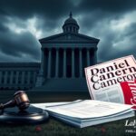 Flick International Large government building under gray clouds with a gavel and legal documents in the foreground