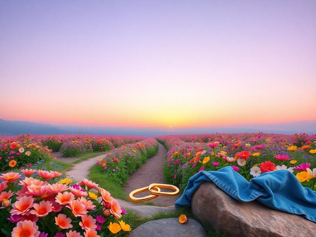 Flick International Abstract landscape symbolizing fluidity in gender identity with diverging pathways and vibrant garden