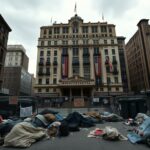 Flick International Urban scene of the Roosevelt Hotel in New York City as a dilapidated shelter amidst the migrant crisis