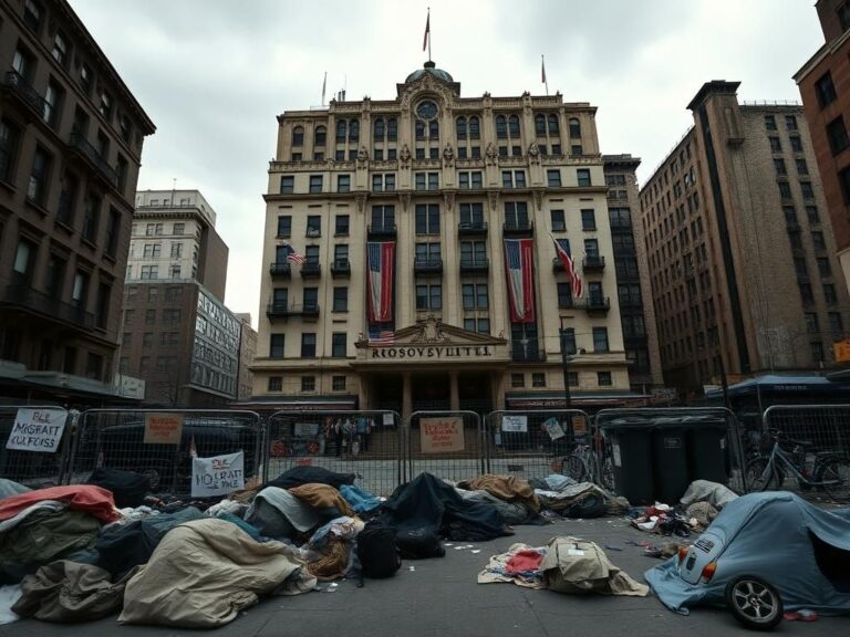Flick International Urban scene of the Roosevelt Hotel in New York City as a dilapidated shelter amidst the migrant crisis