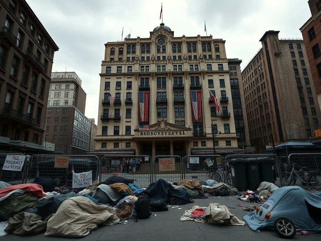 Flick International Urban scene of the Roosevelt Hotel in New York City as a dilapidated shelter amidst the migrant crisis
