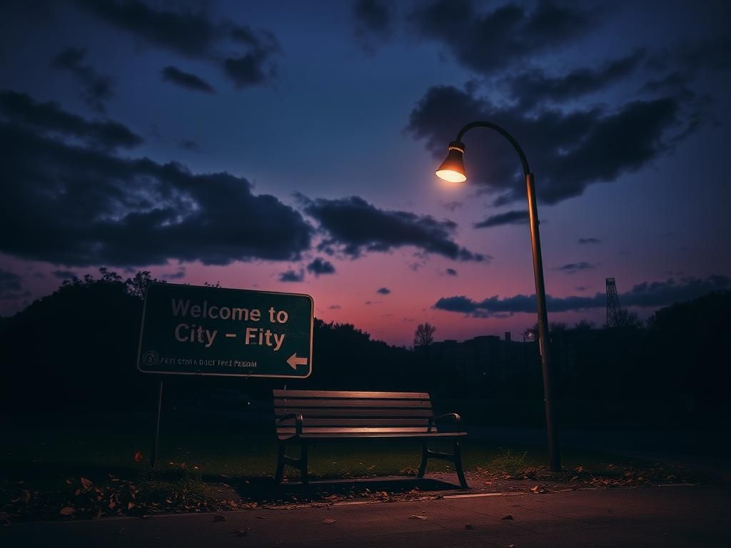 Flick International Dark urban landscape at dusk with cracked road sign and empty park bench