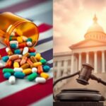 Flick International Golden pill bottle spilling colorful prescription pills onto the American flag symbolizing drug price issues