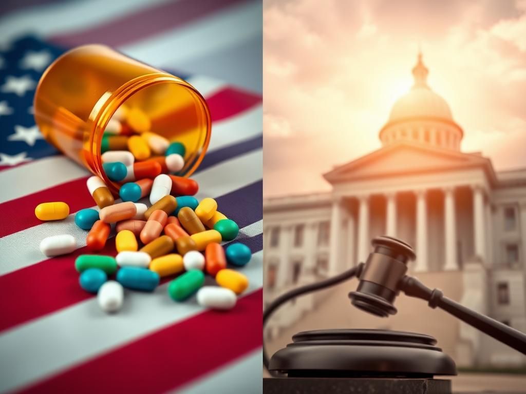 Flick International Golden pill bottle spilling colorful prescription pills onto the American flag symbolizing drug price issues